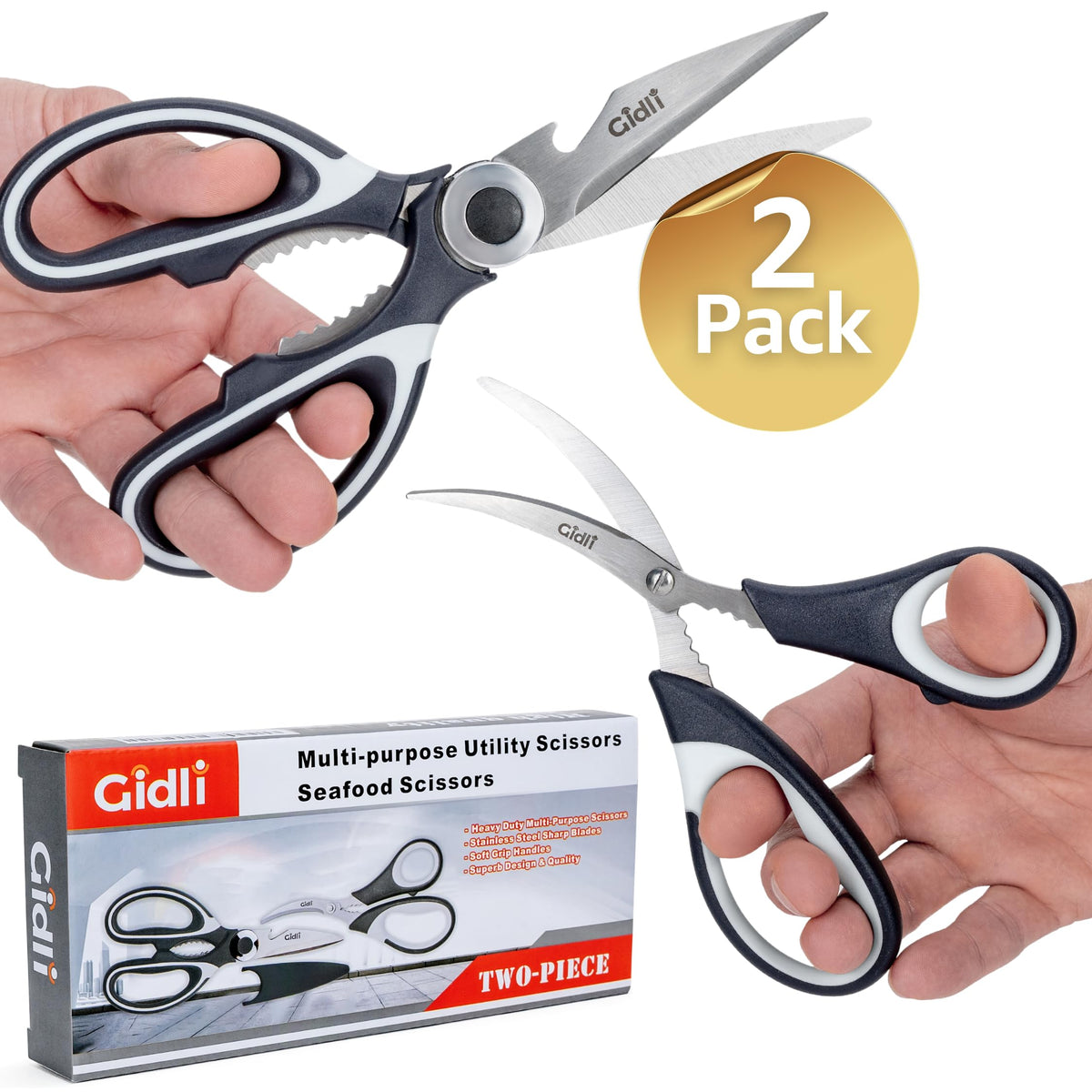 Kitchen Shears by Gidli - Liftime Replacement Warranty* - Includes Seafood Scissors As a Bonus - Heavy Duty Utility Stainless Steel All Purpose Ultra Sharp Scissors for Food/Cooking
