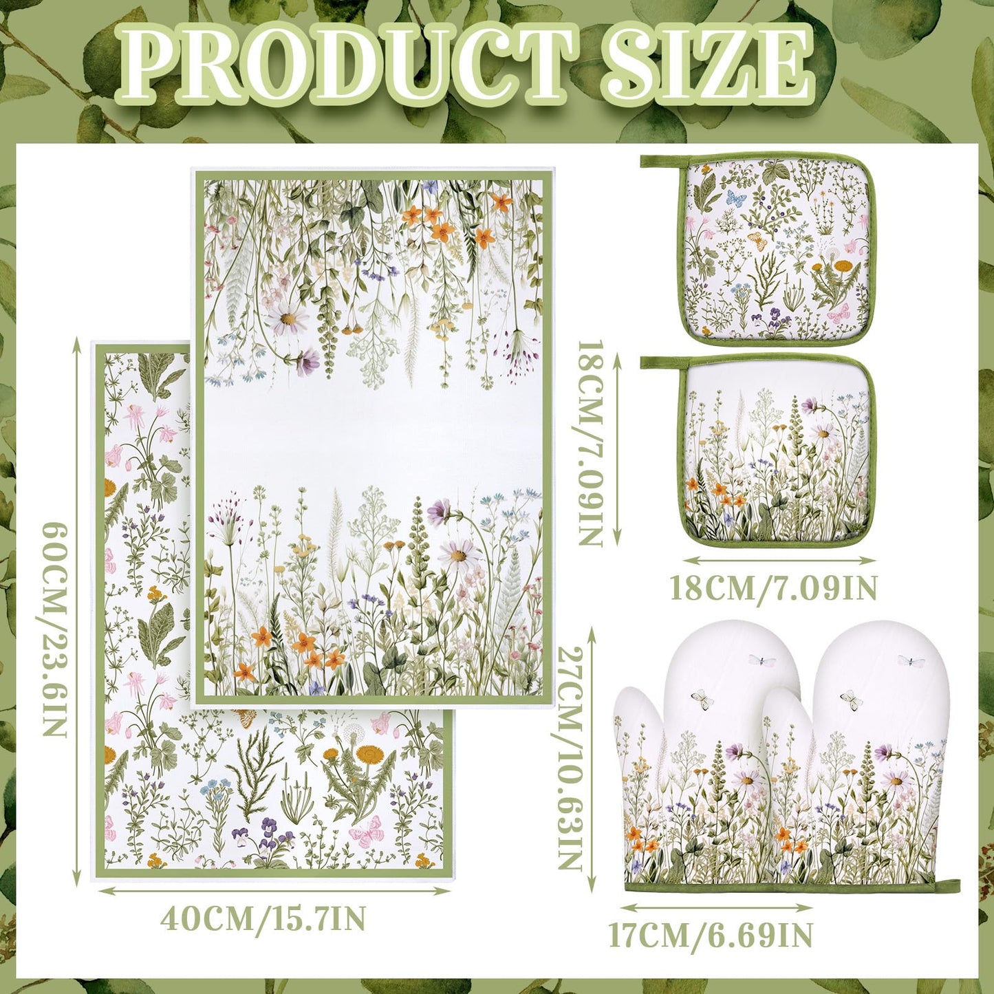 Leinuosen 6 Wild Flower Kitchen Towels Kitchen Decor and Accessories Set Floral Plant Oven Mitts and Pot Holders Sets Farmhouse Absorbent Dish Towels for Cooking Baking Grilling