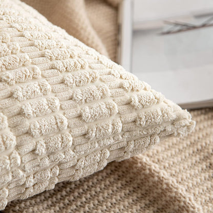 MIULEE Corduroy Decorative Throw Pillow Covers - Soft Boho Striped Design, 12x12 Inch, Cream White | Modern Farmhouse Home Decor