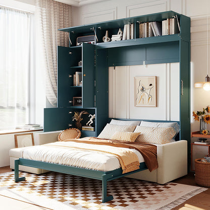 DNYN Queen Size Murphy Bed with Cabinet and Sofa Design for Bedroom/Guest Room, Space-Saving Foldable Wall Bed Frame with Multi-Layer Shelves, No Box Spring Needed