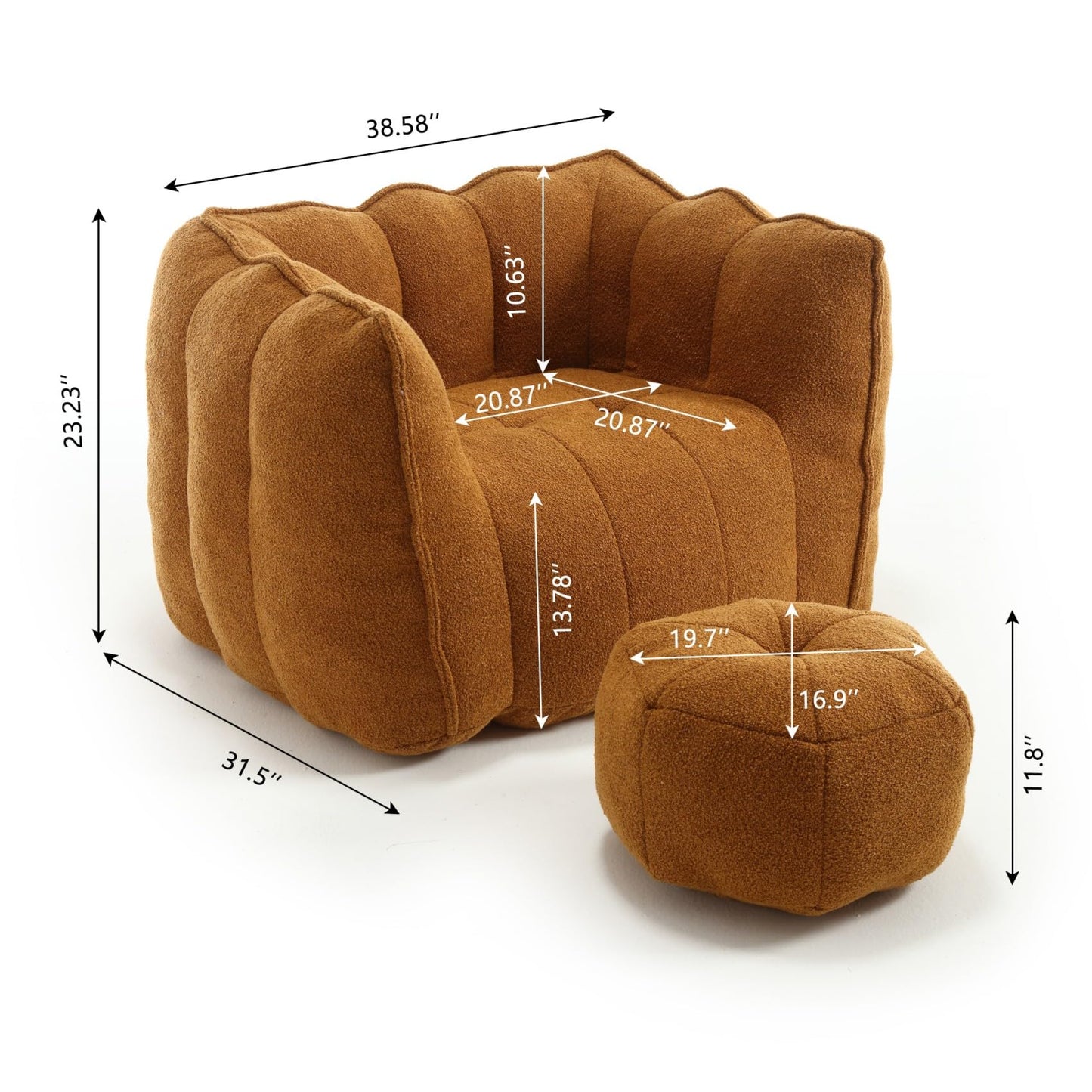 KEIKI Chenille Giant Bean Bag Sleeper Chair with Ottoman, Adults and Kids Lazy Floor Sofa Couch, High Resilient Foam Comfy Reading Chaise Lounge Recliner for Living Room Bedroom, Khaki