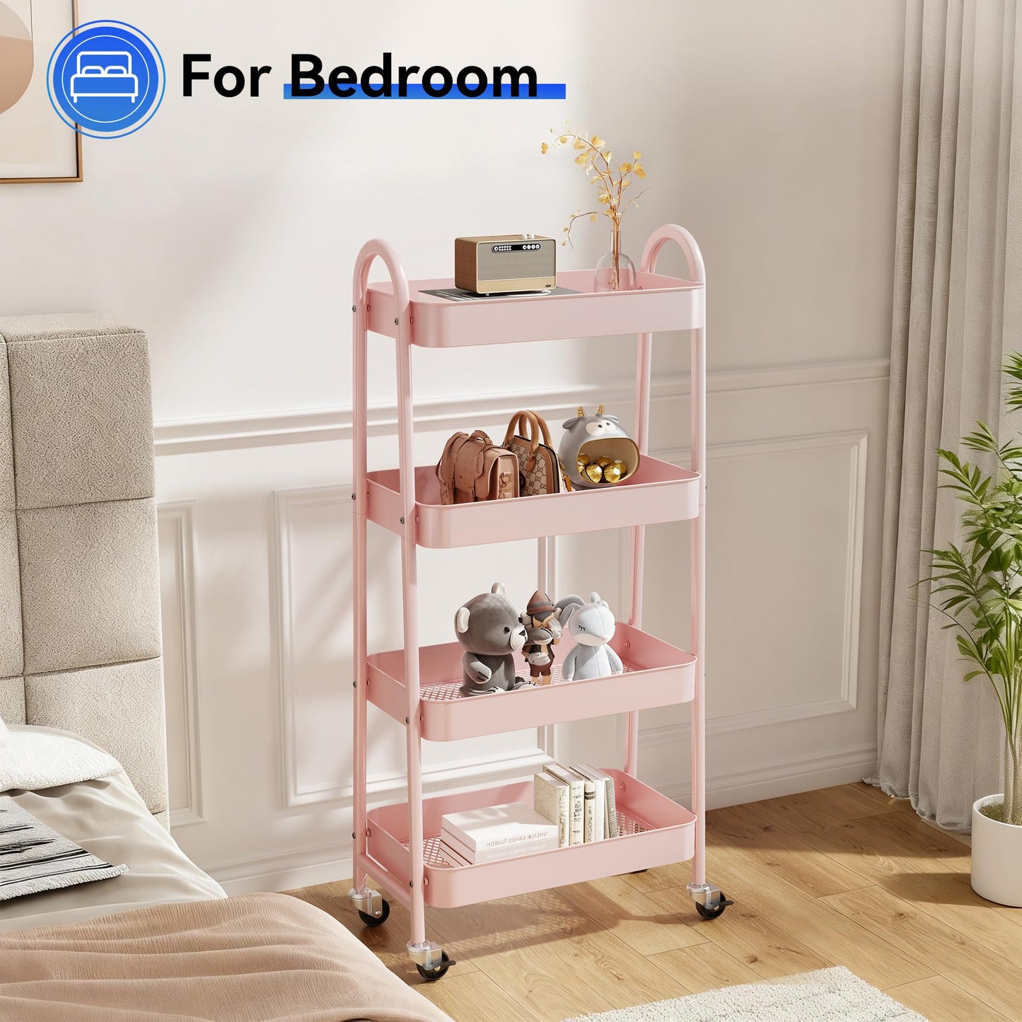 NEWBULIG 4-Tier Metal Rolling Cart with Lockable Wheels, Heavy Duty Mobile Utility Storage Shelf, Roller Book Snack Cart, Organization for Livingroom, Bathroom, Office, Pink