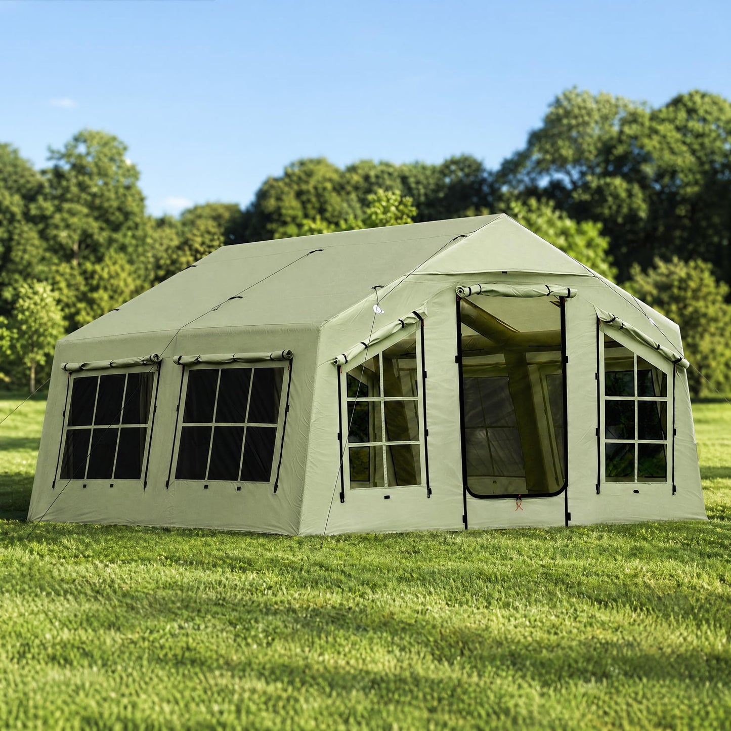 KNUO 2026 Upgraded Waterproof Inflatable Camping Tent for Winter with Rain Cover for 4~6 People, Large Blow-Up Air Tent, No Assembly Needed Luxury Glamping House, 12x12ft Oxford Fabric, Green