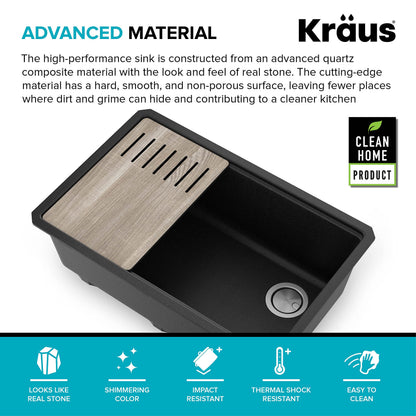 KRAUS Bellucci 30” in. Undermount Workstation Granite Kitchen Sink in Metallic Black with Accessories, KGUW2-30MBL