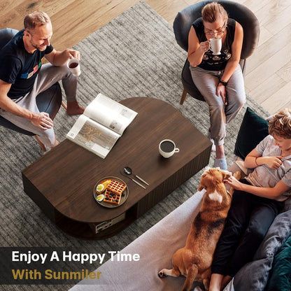 sunmiler Mid-Century Modern 39.4" Coffee Table - Leaf-Shaped Wood Center Table with Storage, Retro Fluted Central Table with Sliding Door for Living Room, Office, Walnut