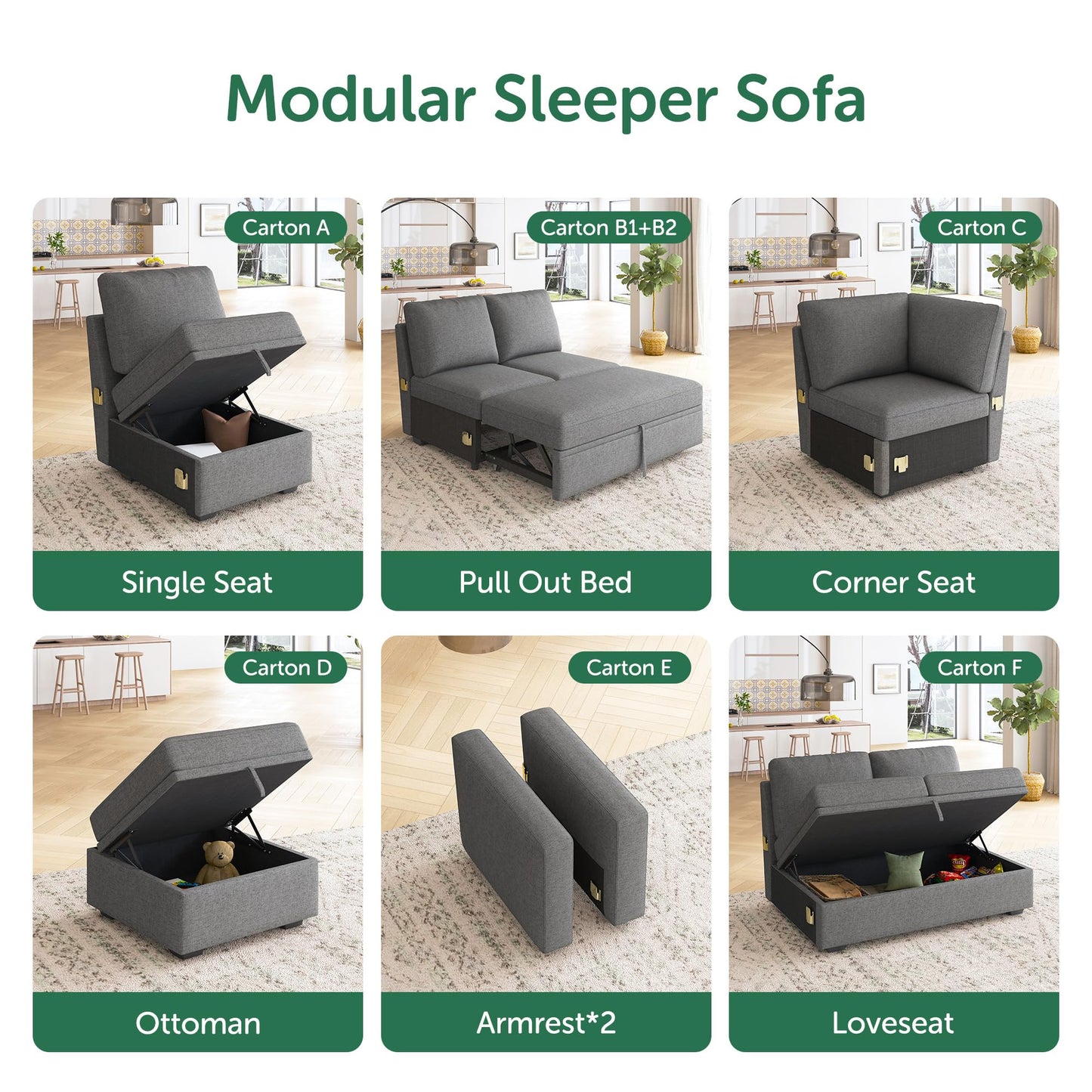 HONBAY Corner Seat for Sectional Sleeper Sofa, Corner Module for Modular Sleeper Couch with Pull Out Bed, Dark Grey