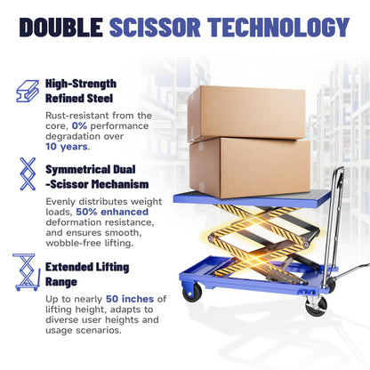 StructoMax Hydraulic Lift Table Cart - 330lbs Capacity, Easy Operation and Swivel Casters with Brakes - Double Scissor Lift for Material Handling and Transportation, Blue