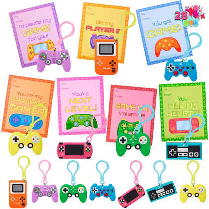 JOYIN 28 Pcs Valentines Day Gift Cards with Video Game Keychains, Multi Colored Keychains & Cards with 7 Designs, Valentine Treat Goodie Bag Stuffers for Kids Classroom School Exchange Prizes