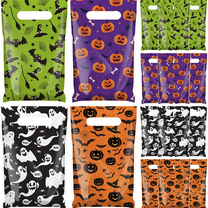 Gilprop 48 Pcs Halloween Plastic Gift Bags Ghost Pumpkin Bat Party Favor Bags Halloween Goodie Treat Candy Pouches with Handle for Party Supplies Gift Wrap