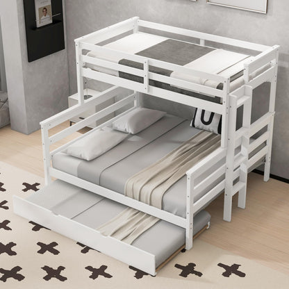 Merax Twin XL Over Queen Bunk Bed Wood Detachable Bunk Bed with Trundle & Ladder, Multifunction Bunk Bed with Full Length Gardrails, No Box Spring Needed,Space Saving,White