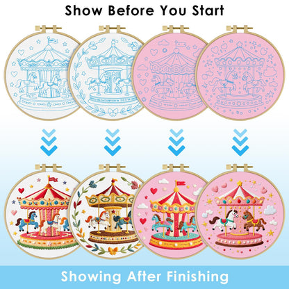 ERKOON 4 Set Embroidery Kit for Beginners, Cross Stitch Set Include Embroidery Cloth Hoops Threads for Craft Lover Hand Stitch with Embroidery Skill Techniques (Carousel)