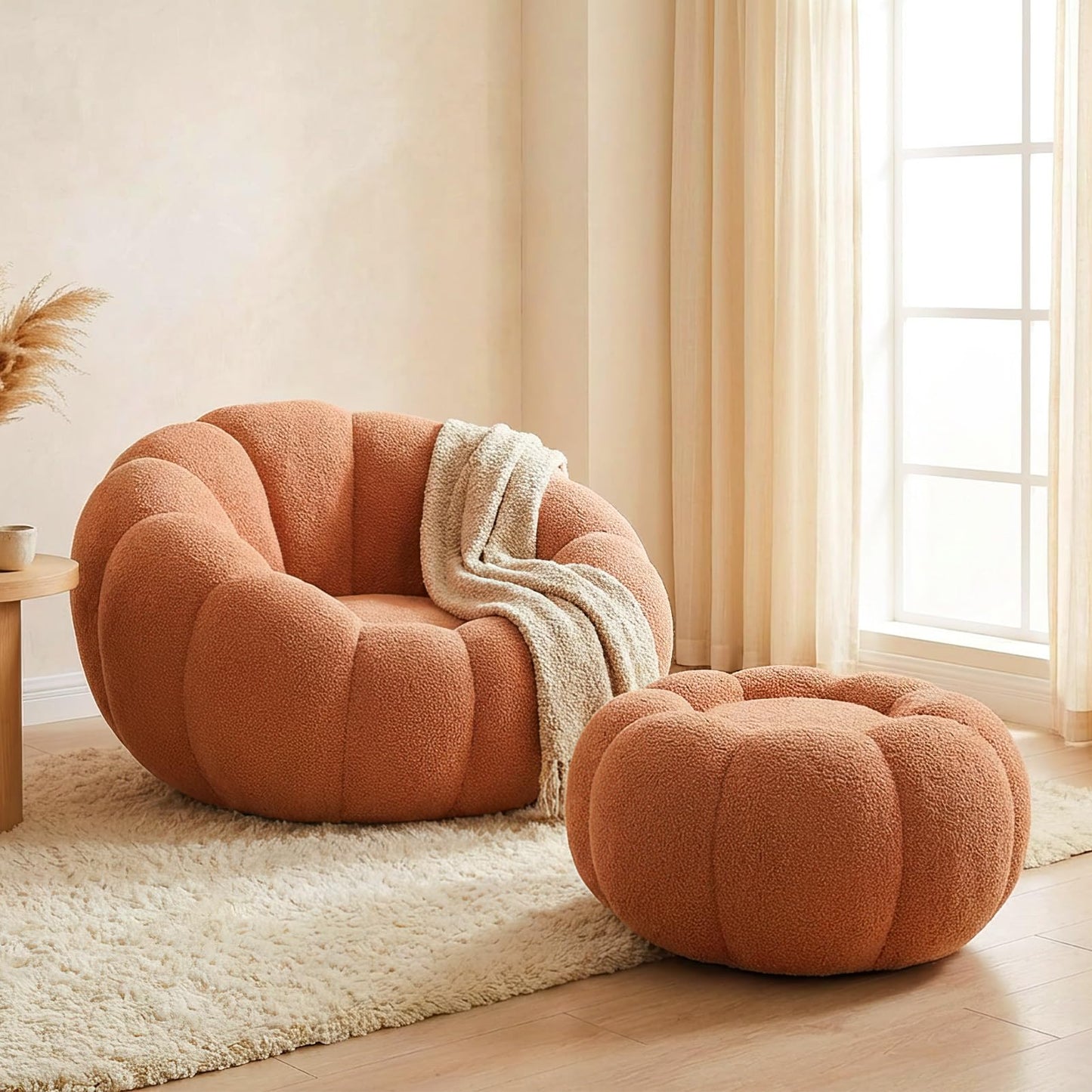 Premium Cloud Velvet Bean Bag Chair Set | 43.3" Ergonomic Pumpkin Lounger & Ottoman for Adults, Thick High-Resilience Foam, No Assembly, Compact for Living Room & Bedroom