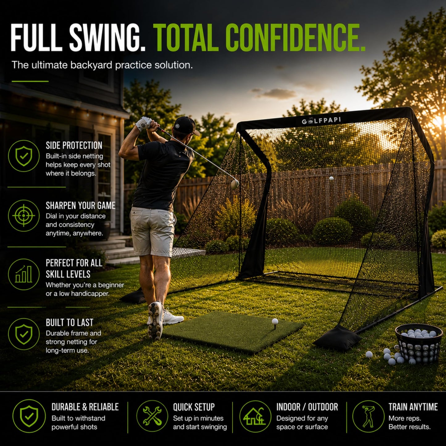 GOLF PAPI Golf Practice Net – 7.5 ft Compact Golf Hitting Net with Steel Frame and Side Net Protection – Indoor & Outdoor Golf Training Net for Backyard, Garage, or Simulator Use