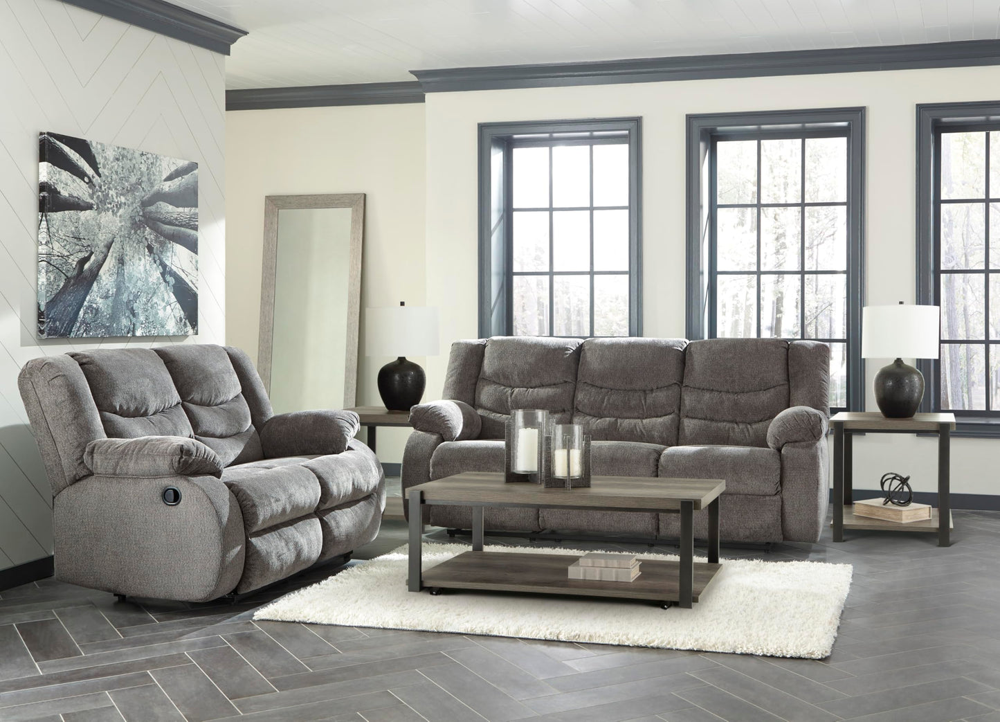 Signature Design by Ashley Tulen Reclining Loveseat, Dual-sided Recliner, Pull Tab Reclining Motion, Fabric Upholstery, 63" W x 40" D x 40" H, Dark Gray