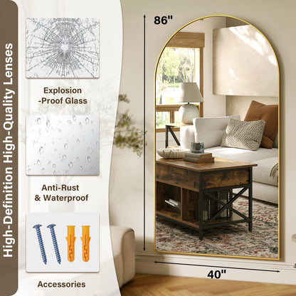 XRAMFY 86"x40" Arched Full Length Mirror Floor Mirrors with Aluminum Alloy Frame Free-Standing Wall Mounted Floor Mirrors or Large Dressing Mirror, Gold Mirror Full Length