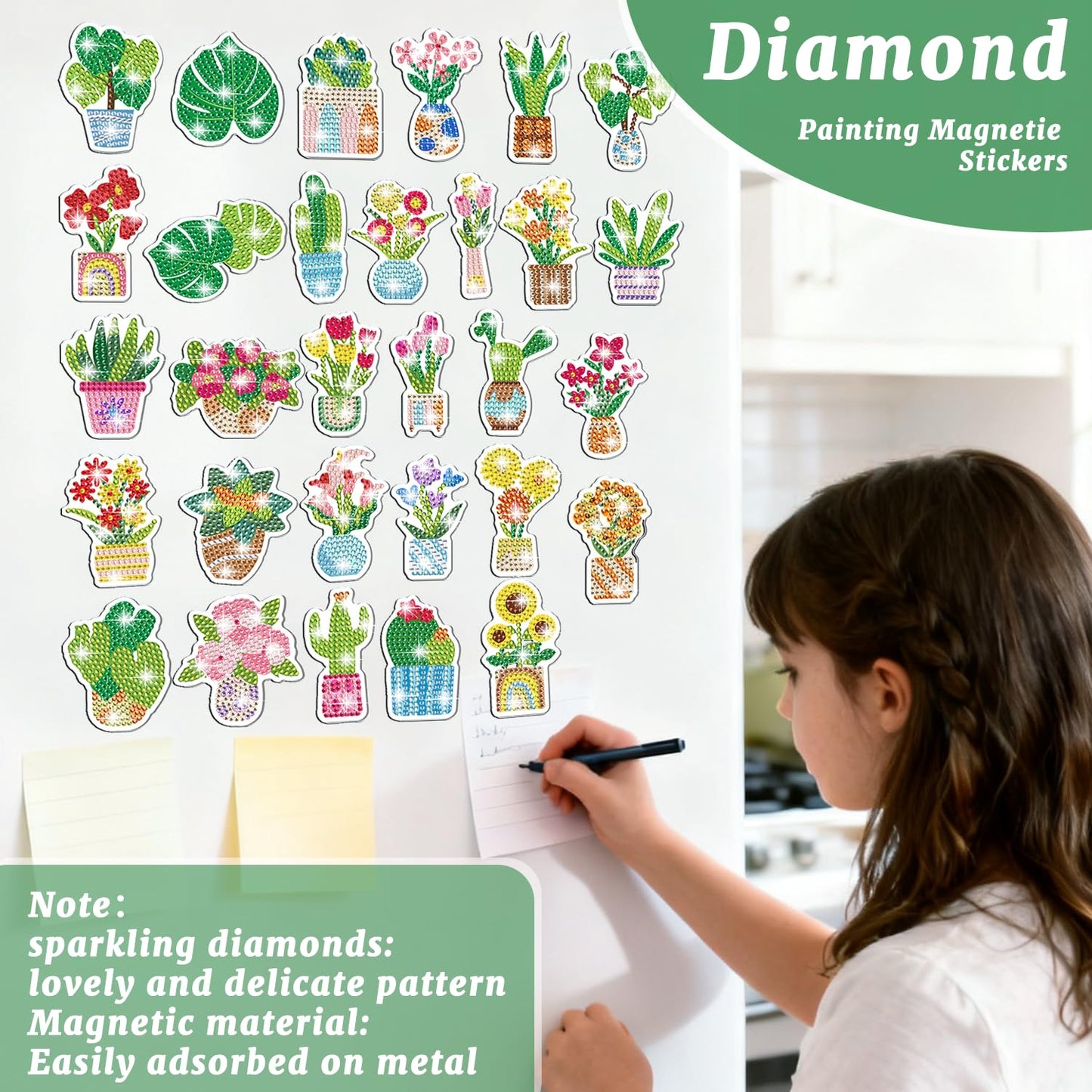30 Pcs Flower Diamond Art Magnets, DIY Painting Kits for Refrigerator Decor, Creative Plant Pot Crafts for Adults Home Office