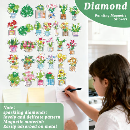 30 Pcs Flower Diamond Art Magnets, DIY Painting Kits for Refrigerator Decor, Creative Plant Pot Crafts for Adults Home Office
