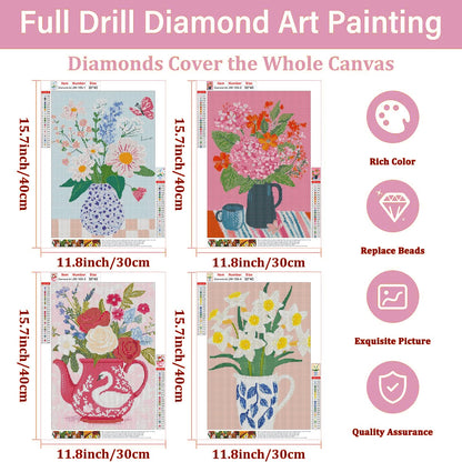 4 PC Flower Vase Diamond Art Kits for Adults, Diamond Painting Kit Adults for Beginners, Round 5D DIY Dimond art,Full Drill Painting Kit Art and Crafts for Adults Home Wall Decor【11.8x15.7inch】