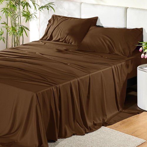 Bedsure Cooling Bed Sheets - Soft & Breathable Rayon from Bamboo | Full Size, Deep Pocket Up to 16 Inches, Brown