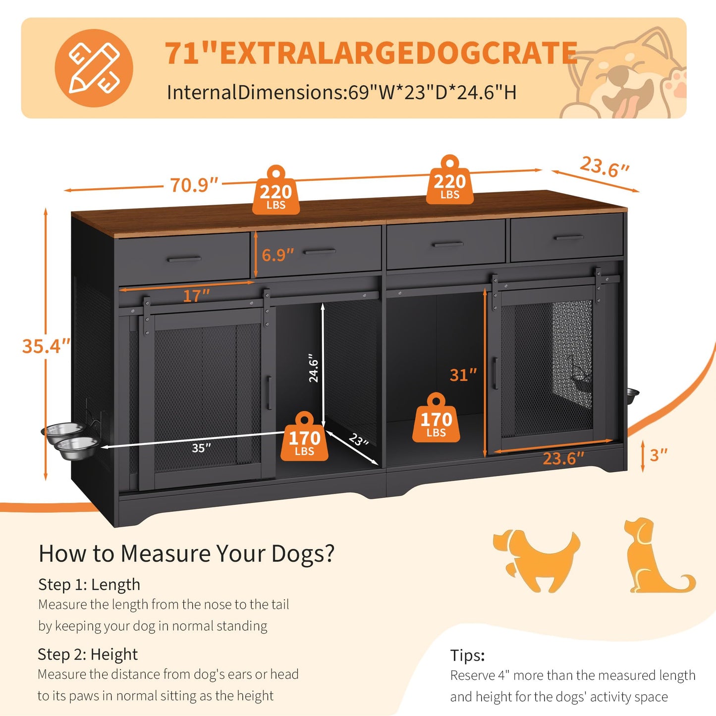 Garvee Double Dog Crate Furniture, 71'' Large Dog Crate Furniture for 2 Dogs with 4 Sliding Doors and 4 Drawers, Dog Kennel Furniture for Large Dogs Indoor with Feeding Bowls, Black