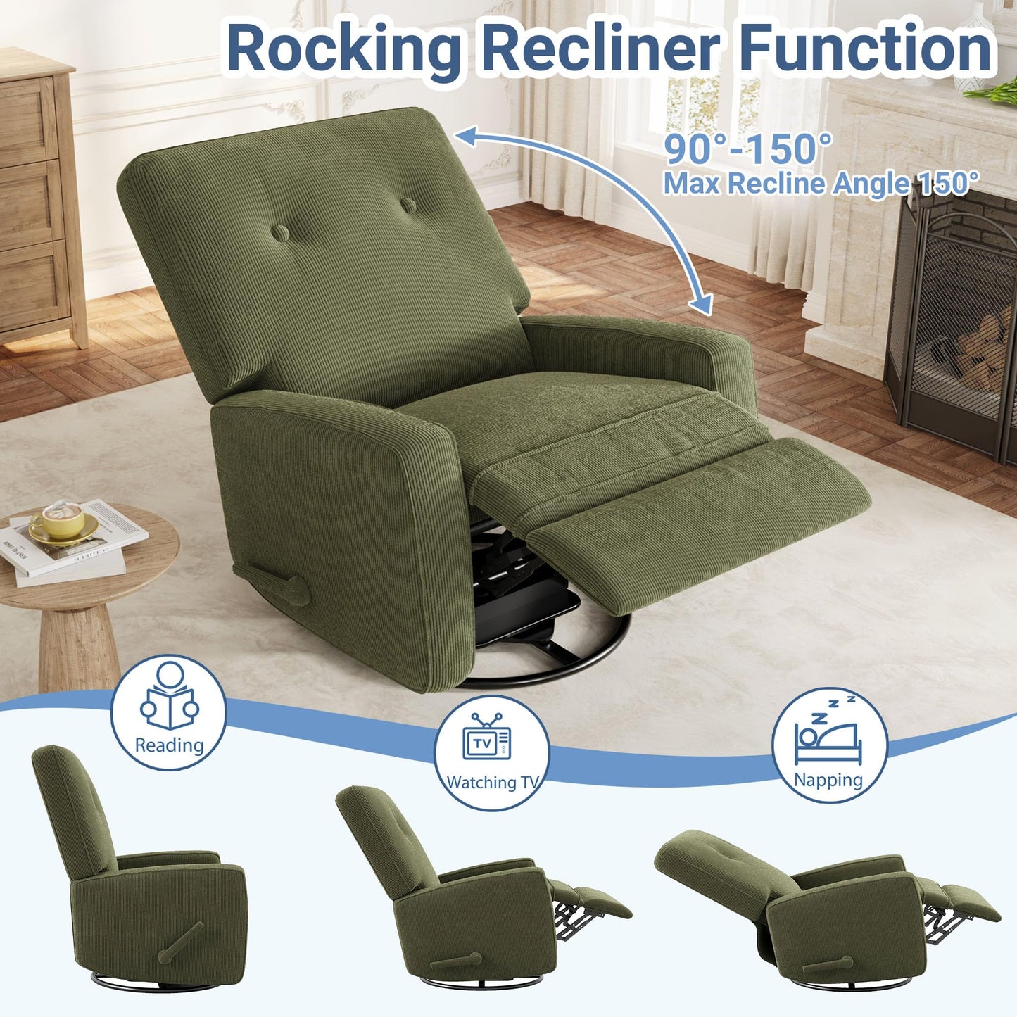 GarveeHome Recliner Chairs, Swivel Rocker Recliner, Glider Recliner Nursery Chair for Adults, 360° Swivel Glider Rocking Chair for Living Room, Bedroom, Office, RV, Small Spaces, Corduroy, Green