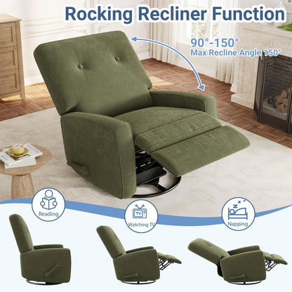 GarveeHome Recliner Chairs, Swivel Rocker Recliner, Glider Recliner Nursery Chair for Adults, 360° Swivel Glider Rocking Chair for Living Room, Bedroom, Office, RV, Small Spaces, Corduroy, Green