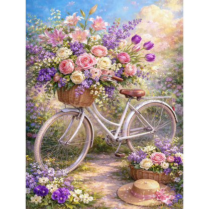 IOHEFY Flower Bicycle Diamond Painting 12 x 16 Inch Full Drill Acrylic Diamond Art Floral Garden Bike Basket Crystal Rhinestone Spring Flower Nano Pearlescent Canvas