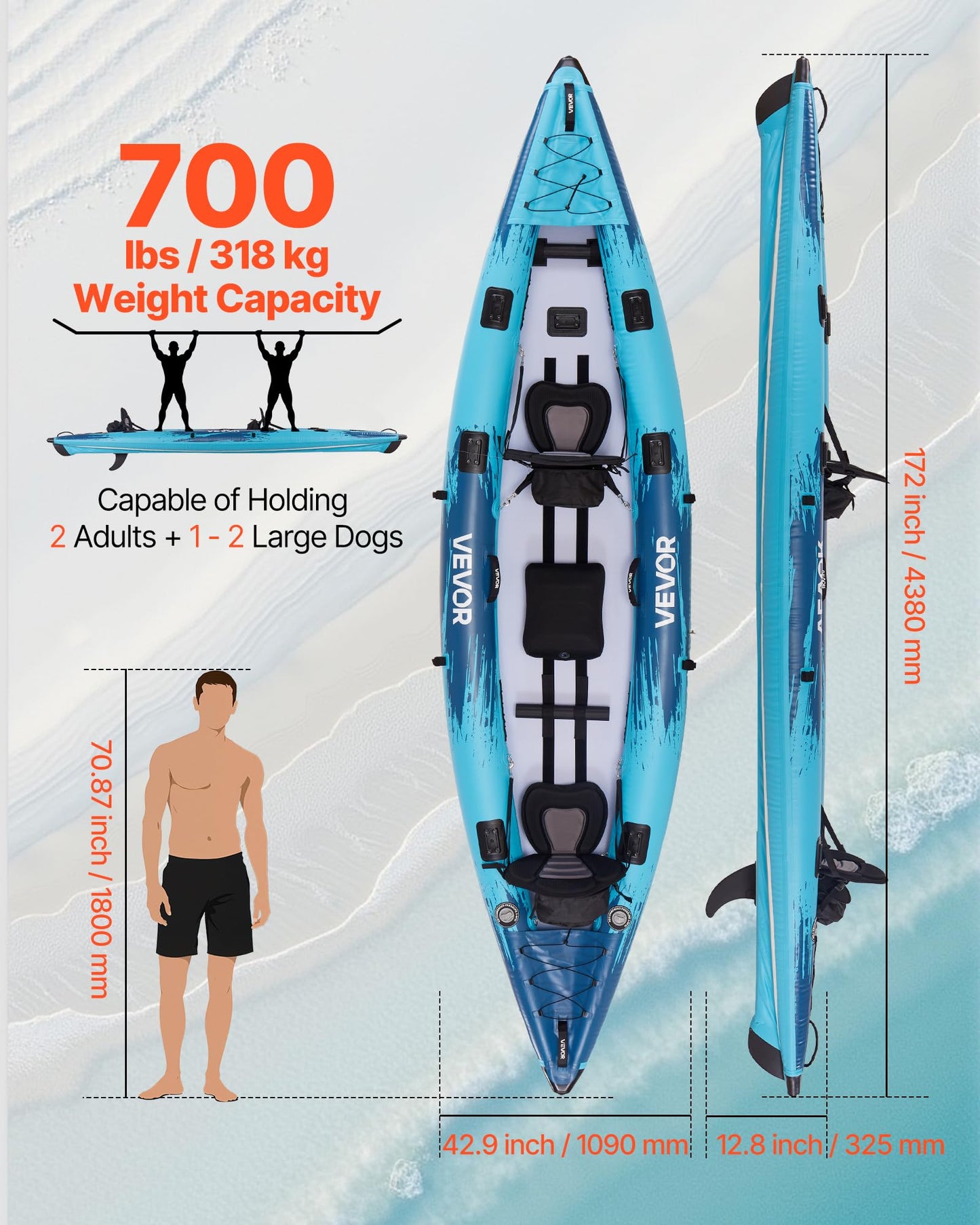 VEVOR 2-Person Inflatable Kayak, 14'4" x 3'7" – Extra Spacious for Family & Dogs, 700-lb Capacity Sit-in Kayak with Accessories, Includes 2 Paddles, Pump & Carry Bag – Perfect for Fishing and Touring