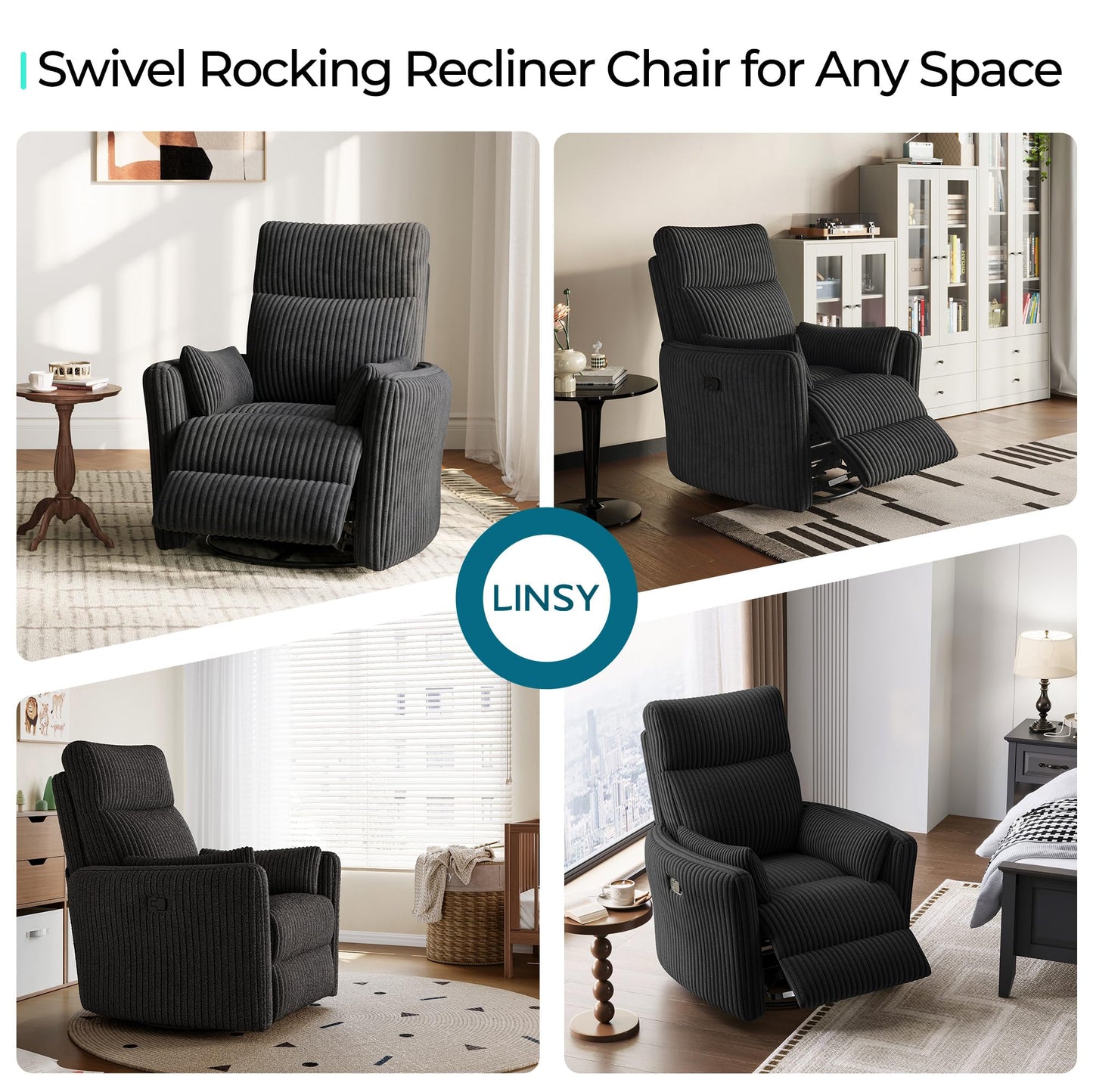LINSY 360 Swivel Recliner Chair, Nursery Glider Rocking Chair with 2 Pillows, Corduroy Nursing Chair Comfy High Back Adult Rocker Recliner for Small Spaces, Nursery Bedroom Living Room (Black)