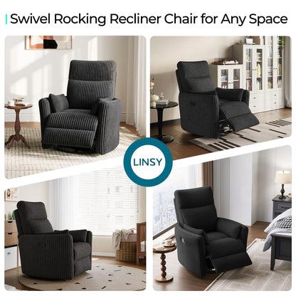 LINSY 360 Swivel Recliner Chair, Nursery Glider Rocking Chair with 2 Pillows, Corduroy Nursing Chair Comfy High Back Adult Rocker Recliner for Small Spaces, Nursery Bedroom Living Room (Black)