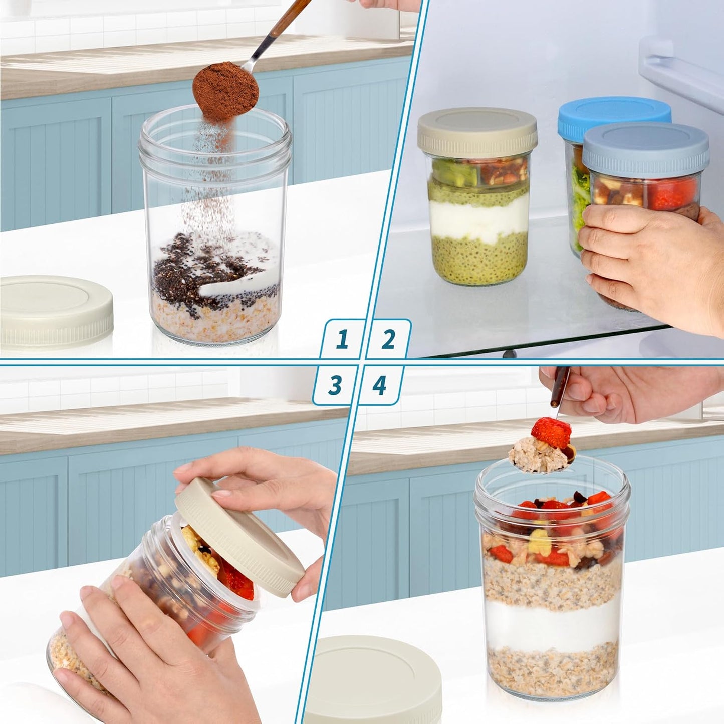 16 oz 2-Pack Xyptorix Overnight Oats Containers with Airtight Lids - Leak-Proof Wide Mouth Mason Jars & Divided Cups