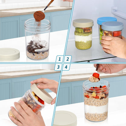 16 oz 2-Pack Xyptorix Overnight Oats Containers with Airtight Lids - Leak-Proof Wide Mouth Mason Jars & Divided Cups