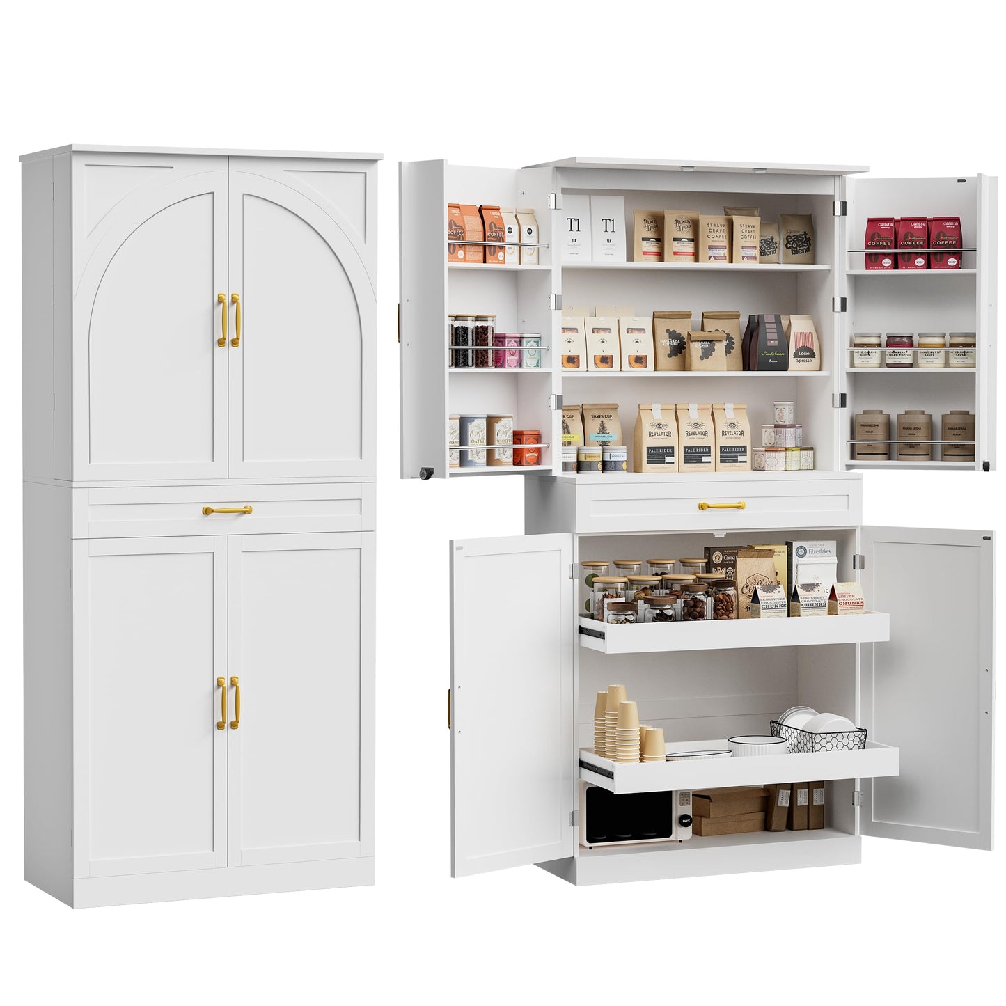 HQZX 71’’ Tall Kitchen Pantry Cabinet, Pantry Storage Cabinet with 6 Doors Shelves, Large Drawer & 2 Pull Out Shelves, Freestanding Cupboard for Kitchen, Dining Room, White
