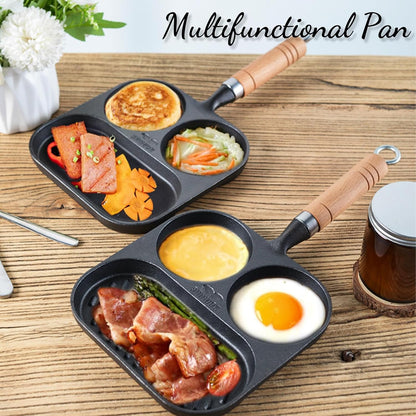 Egg Pan Omelette Pan, 3 Section Square Divided Breakfast Grill Pan with Solid Wood Handle, Nonstick Frying Pan for
