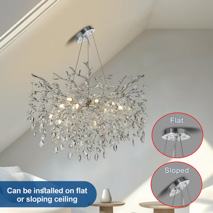 KVTOEP Modern Crystal Tree Branches Chandelier, 30in Silver 10 Lights Large Ceiling Hanging Light for Dining Room, Round Raindrop Pendant Light Fixture