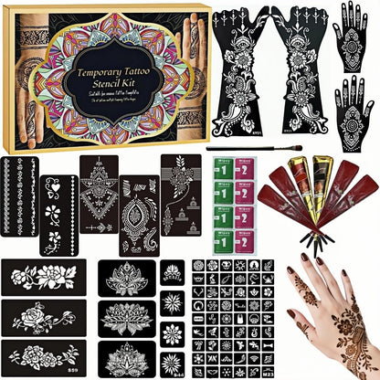 ManYan HaiYan Temporary Tattoo Stencils Kit - Reusable 12 Large Sheets, 78 Unique Designs - 6 Tattoo Cones 3 Colors (Brown/Black/Maroon) with Brush & Wipes for DIY Body Art, Festivals, Parties, Makeup
