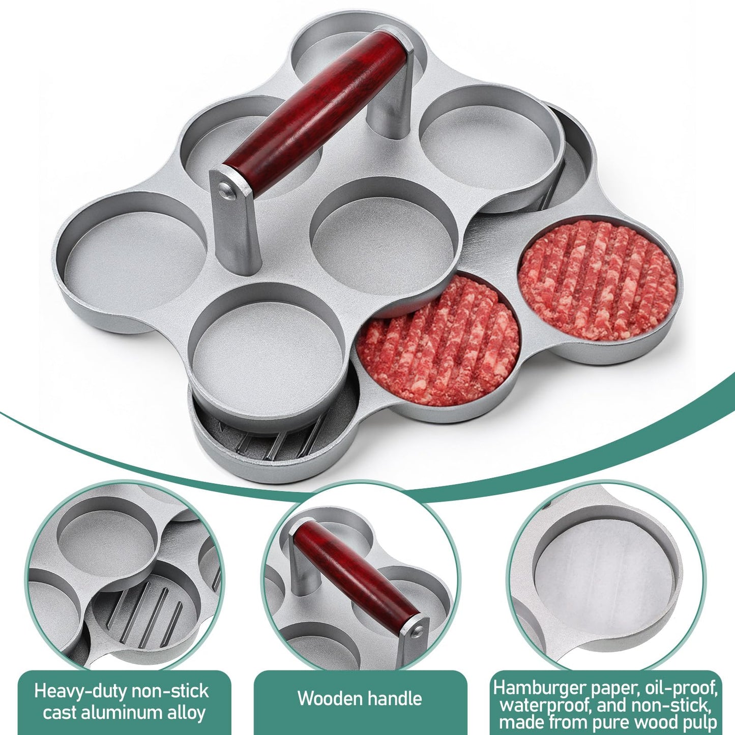 AOZUO Mini Burger Press Small Meat Patty Maker with 300 Patty Papers and 6 Round Shape Press Patty Maker for Mini Hamburger, Barbecue, Picnic, Camping, Six 2.64-inch Slots, 6 Pieces at Once