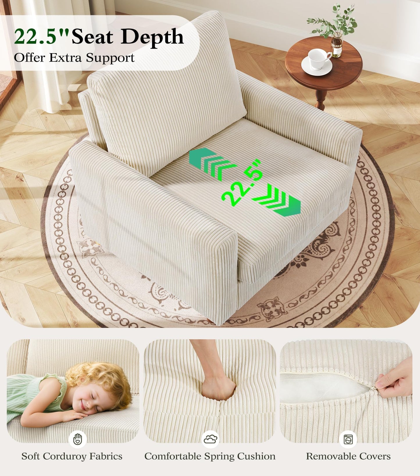 Kidirect 35.5in Oversized Accent Chair, Easy to Assemble Living Room Chairs, Corduroy Reading Chair for Bedroom, 22.5in Deeper Seats Accent Chairs for Living Room, Comfy Armchair Reading Nook, Beige