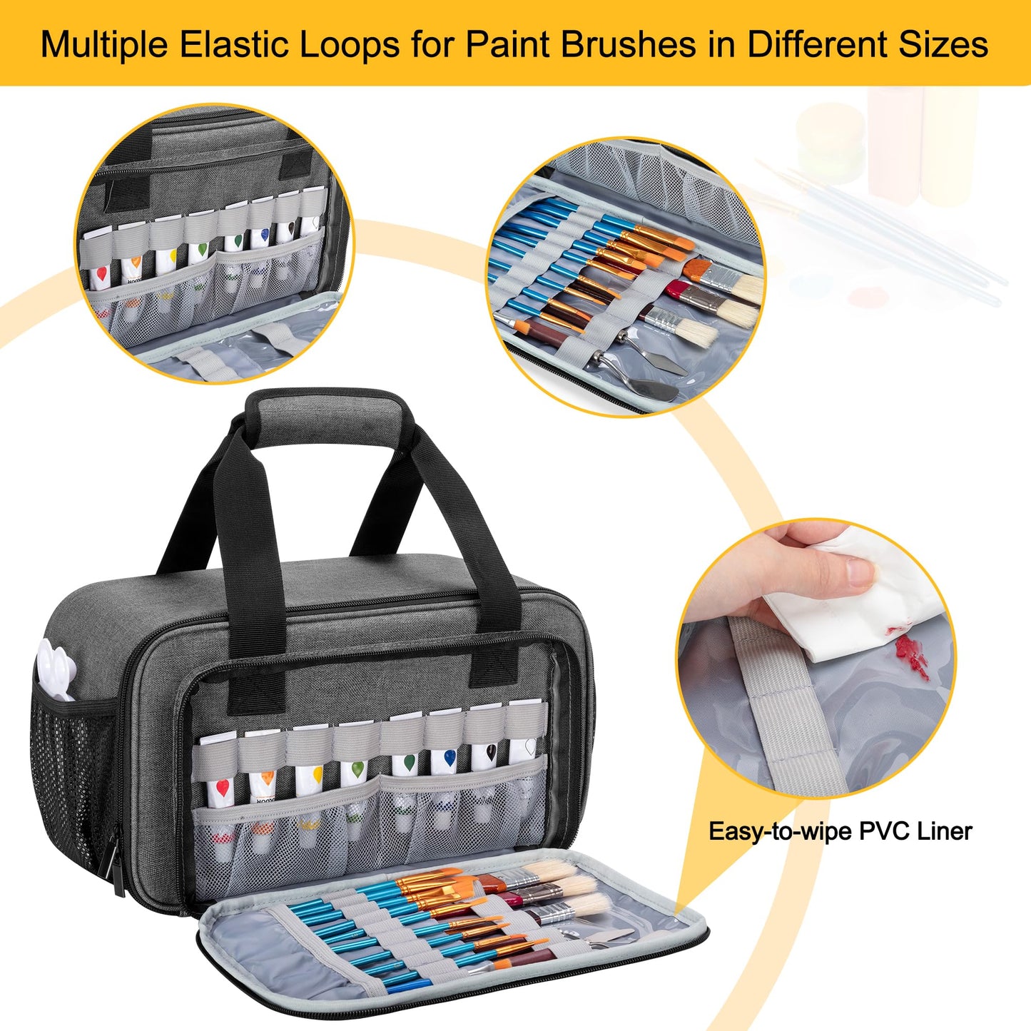 Acrylic Paint Organizer Bag for up to 54 Bottles (2 oz), Art Supply Storage Case with Handle Strap, Extra Pocket for Paint Brushes, etc, Aluminum Foil Liner for Easy Cleaning, Patented Design (Grey)