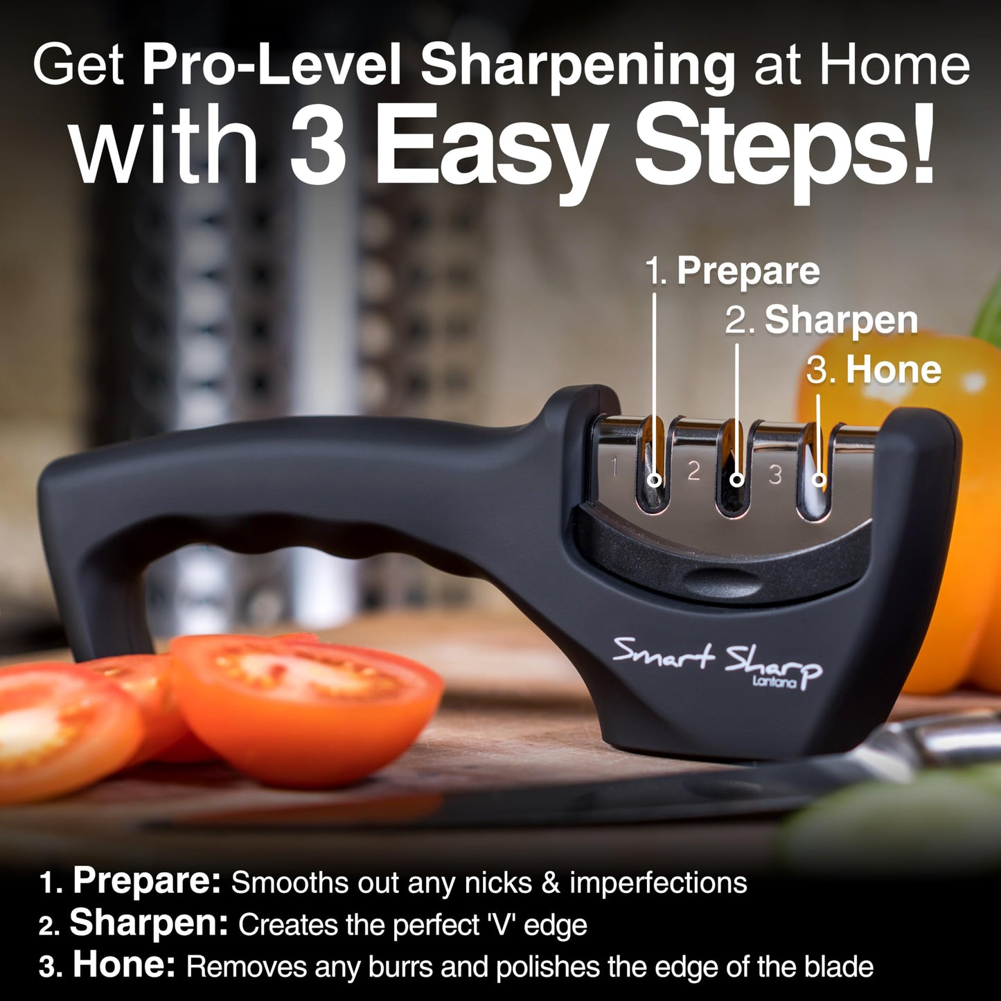 Lantana Knife Sharpener 'Smart Sharp' - Professional 3 Stage Manual Sharpener for Sharpening Kitchen Knives - Ceramic Stone, Tungsten Carbide Plates, Diamond rods. Ergonomic Design, Black/Chrome
