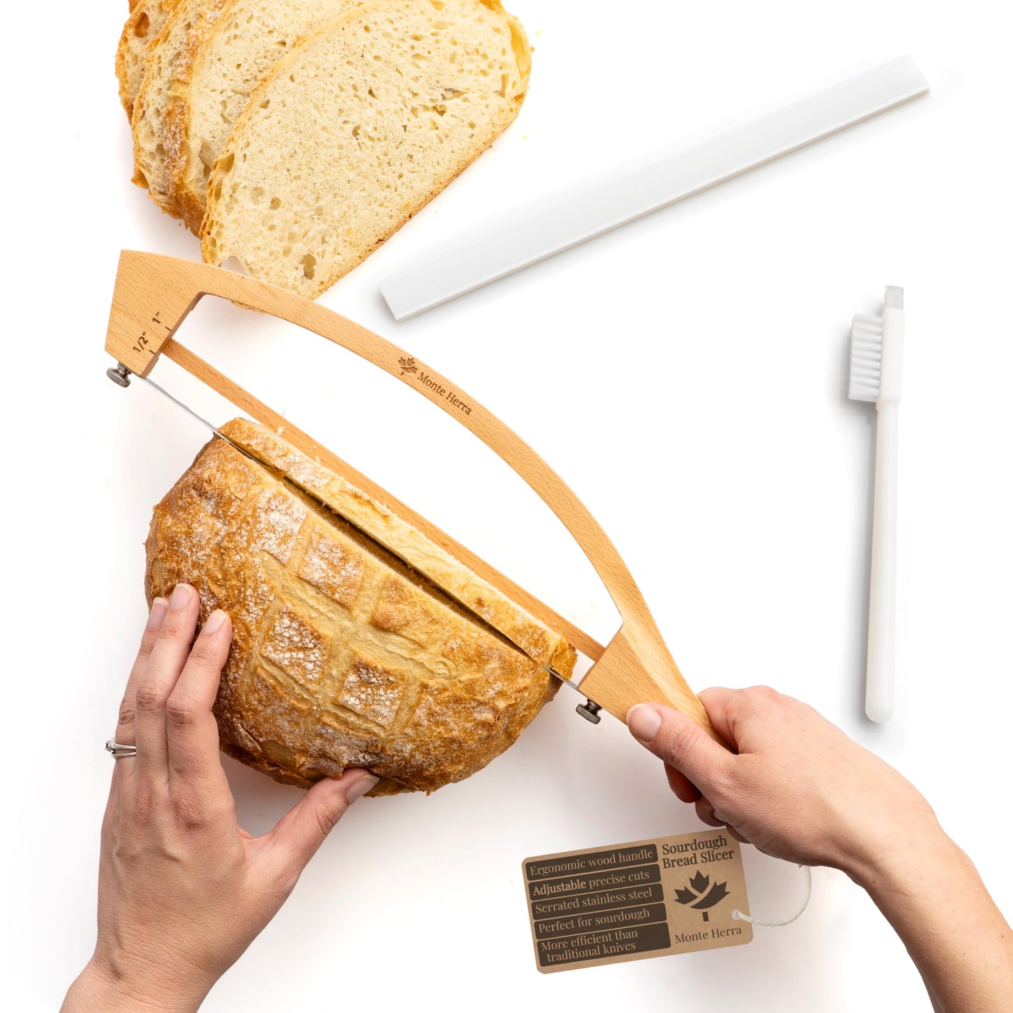 Adjustable Bread Knife for Homemade Bread - Bread Slicer with 1/2-inch and 1-inch Thickness Guides - 17 inch Bread Cutter - Bow Design Easy to Cutting Even Slices for Sourdough Baguettes Sandwiches