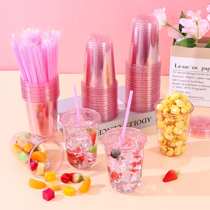 KesaPlan 50 Pack 16 oz Pink Plastic Party Cups with Lids and Straws, Disposable Iced Coffee Cup with Lids, Round Bottom Drinking Cups for Birthday Wedding Valentine's Galentine's Bachelorette Party