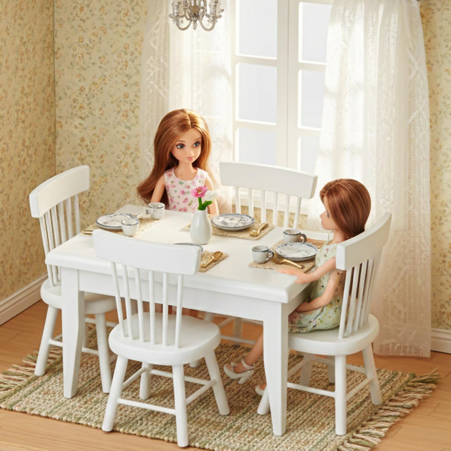 Miniature Dollhouse Dining Table and Chairs – Set 5pcs 1/12 Scale for Doll House, White Wooden Furniture Model, Mini Classic Decoration Accessories DIY Hobby Gift for Kitchen, Breakfast Room