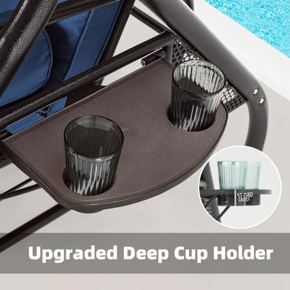 HOMREST 3 Seat Outdoor Porch Swing with Adjustable Canopy, Convertible Patio Swing Bed with Stand, Patio Glider Swing with Upgraded Cup Holder, Thicken Cushions ＆ Pillow for Backyard(Blue)