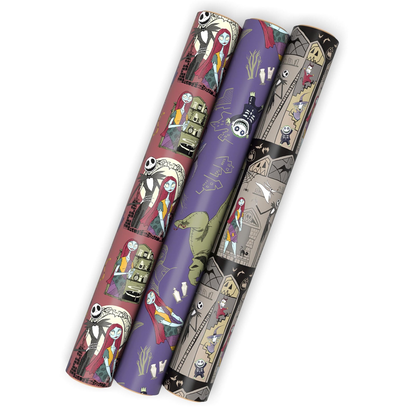 Hallmark Nightmare Before Christmas Wrapping Paper Mini Rolls, 3-Pack (Jack Skellington, Sally, Zero on Pink, Purple, Black) for Birthdays, Valentine's Day, Halloween, Any Occasion - 45 Sq. Ft. Total