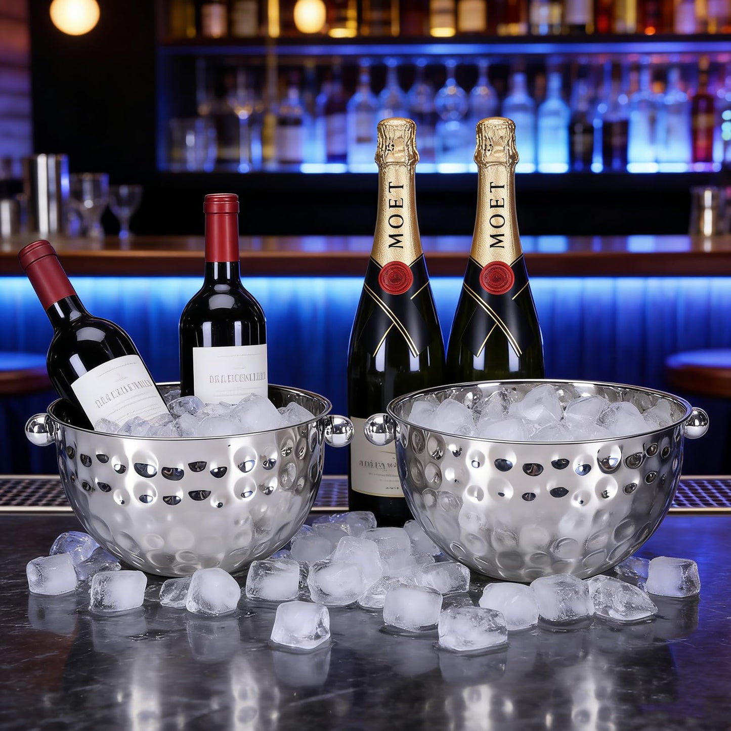 2 Set Ice Bucket for Freezer,Circle Stainless Steel Ice Cube Bin with Scoop＆Handle,Large Capacity Ice Container Champagne Bucket Carry Drink Storage Cooler,Halloween Ice Buckets for Partie