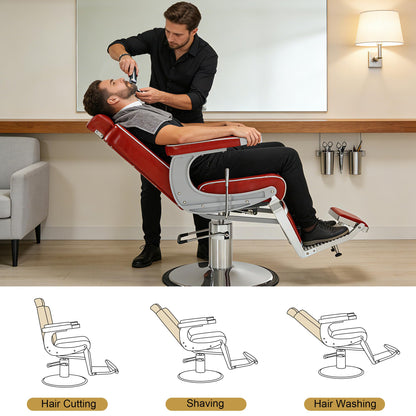 BarberPub Heavy Duty Metal Vintage Barber Chair All Purpose Hydraulic Recline Salon Beauty Spa Shampoo Equipment 3825 (Red with White Stitches)