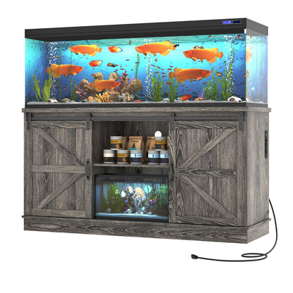 Hlivelood Farmhouse 75-120 Gallon Fish Tank Stand with Power Outlet, Aquarium Stand w/Cabinet&Sliding Barn Door, Heavy Duty Reptile Tank Stand for Fish/Turtle/Reptile Terrarium, 1000LB Capacity, Grey