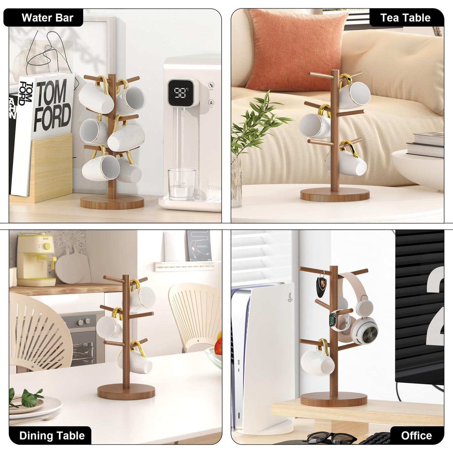 Wisuce Bamboo Coffee Mug Holder Tree, Thicker Base Coffee Cup Holder Stand for Counter, Countertop Mug Rack Organizer with 6 Hooks (Brown