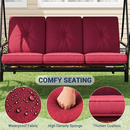 GarveeLife 3-Seat Outdoor Porch Swing with Adjustable Canopy, Convertible Patio Swing Bed with Stand, Thick Cushions & Cup Holders, Weather-Resistant for Backyard, Garden, Porch - Red